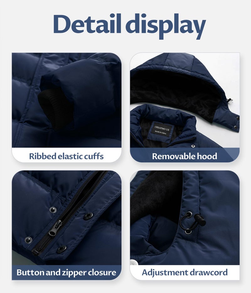 CREATMO US Men's Quilted Jacket Spring Fall Stand Collar Zipper Coat Warm Parka Overcoat Winter Insulated Puffer Outwear With Detachable Hooded Navy M - Image 5