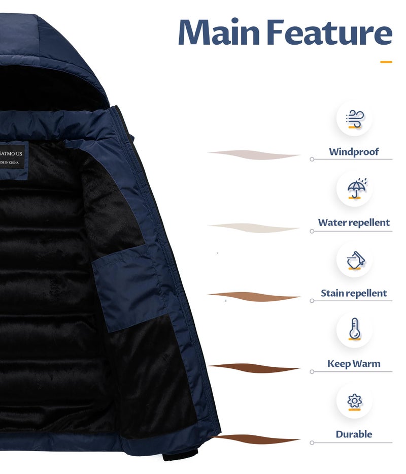 CREATMO US Men's Quilted Jacket Spring Fall Stand Collar Zipper Coat Warm Parka Overcoat Winter Insulated Puffer Outwear With Detachable Hooded Navy M - Image 3