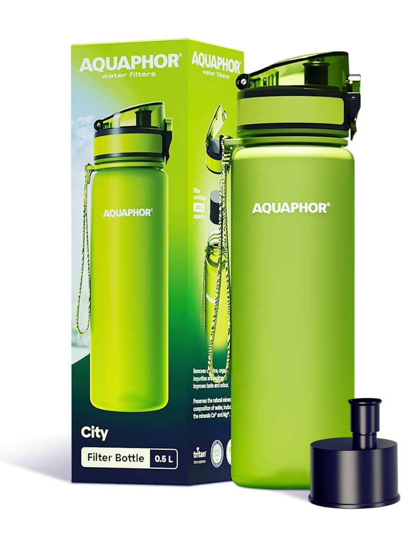 Aquaphor City Water Filter Bottle 500ml, Portable Travel Water Purifier Bottle with Activated Carbon Filter, BPA-Free Tritan Material, Reduces Chlorine & Odor, Eco-Friendly Reusable Bottle For Daily Use (Green) - Image 1