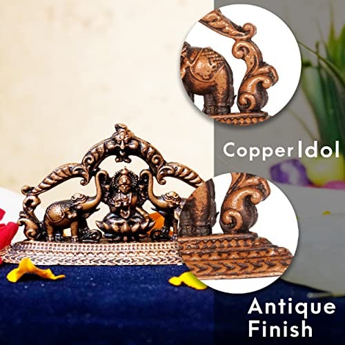 Bhimonee Decor Handmade Copper Gaja Lakshmi Idol | 1.35 Inches | Patina Antique Finish - Image 3