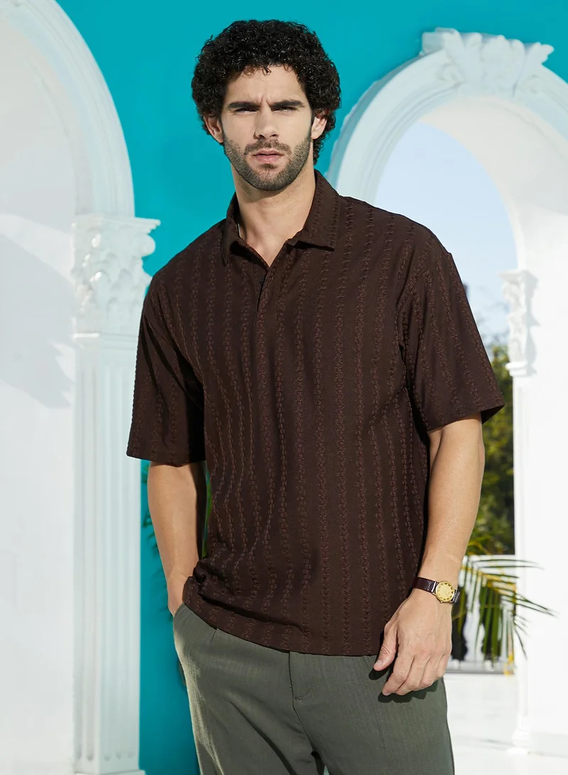 CAHOOT  Men's Mocha Brown Spiralknot-Tactile Oversized Polo T-Shirt For Casual Wear | Polo Neck | Short Regular Sleeves | Half-Button Closure | T-Shirt Crafted With Comfort Fit For Everyday Wear for Men | Best Price UAE