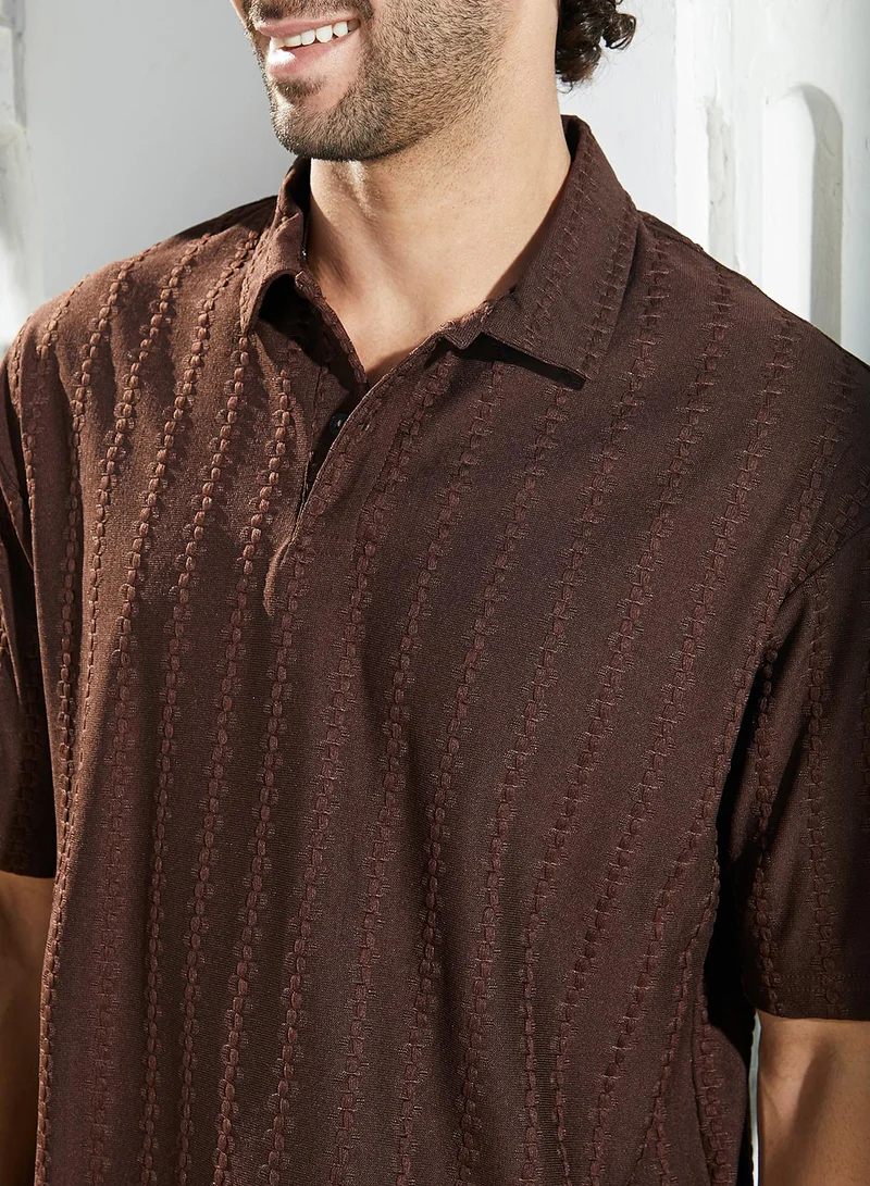 CAHOOT  Men's Mocha Brown Spiralknot-Tactile Oversized Polo T-Shirt For Casual Wear | Polo Neck | Short Regular Sleeves | Half-Button Closure | T-Shirt Crafted With Comfort Fit For Everyday Wear for Men | Best Price UAE