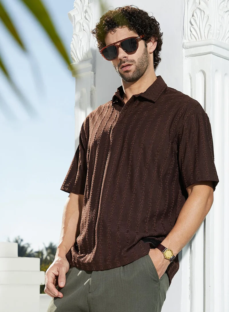 Men's Mocha Brown Spiralknot-Tactile Oversized Polo T-Shirt For Casual Wear | Polo Neck | Short Regular Sleeves | Half-Button Closure | T-Shirt Crafted With Comfort Fit For Everyday Wear