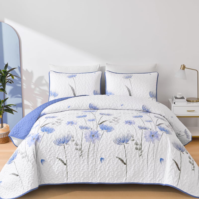 Dinjoy Floral Quilt Set Queen,Blue Bedspreads Queen Size 3 Pieces Cute Bedding Set Farmhouse Quilts Soft Flower Bedspreads White Coverlet Sets for All Season - Image 1
