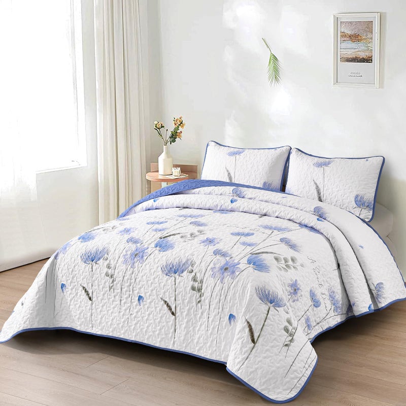 Dinjoy Floral Quilt Set Queen,Blue Bedspreads Queen Size 3 Pieces Cute Bedding Set Farmhouse Quilts Soft Flower Bedspreads White Coverlet Sets for All Season - Image 2