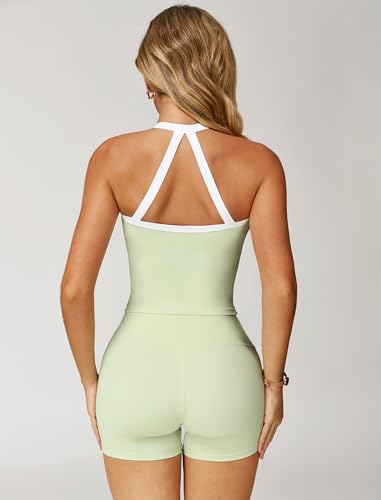 ABOCIW Womens Workout Sets Color Block Longline Sports Bra High Waist Biker Shorts 2 Piece Gym Sets Yoga Pilates Outfits Athletic Work Out Clothes White Trim Light Green Small - Image 3