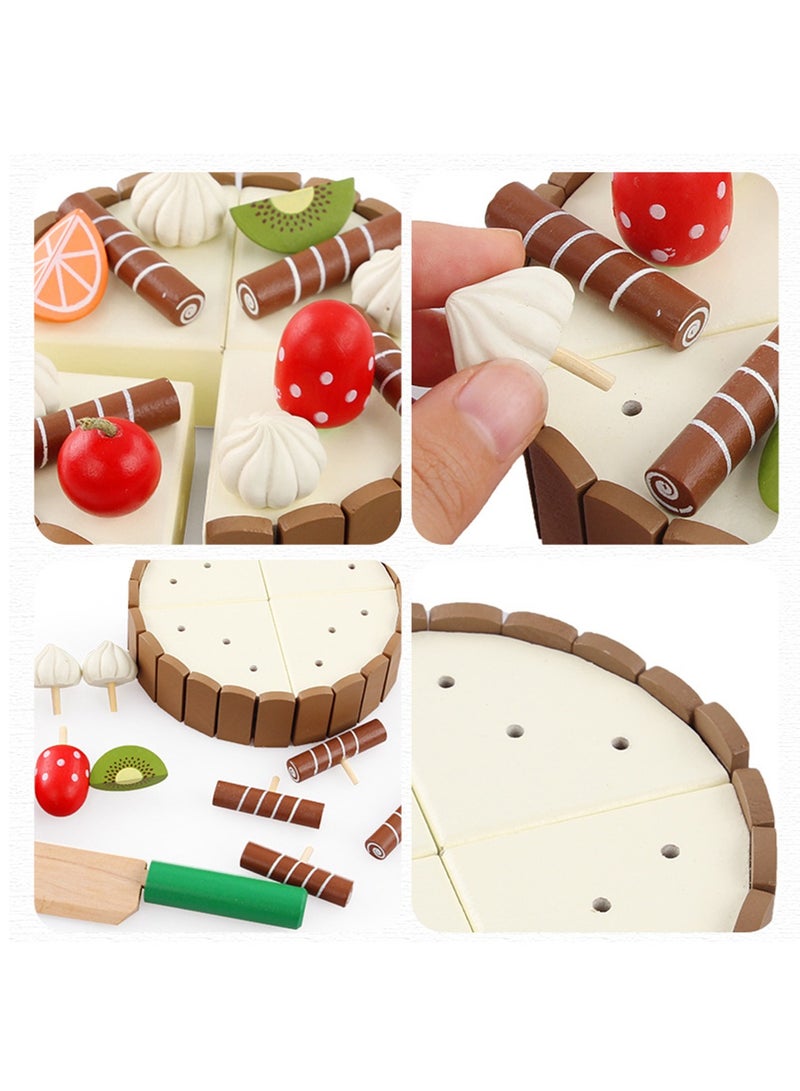 SYOSI Wooden Birthday Cake Toy   Kids Magnetic Dessert Toy with Cutting Knife, Fruit Toppings, Chocolate and Vanilla Swirls Fun Kitchen Pretend Play Food Party, Cooking Cutter Set, Educational Gift - Image 4