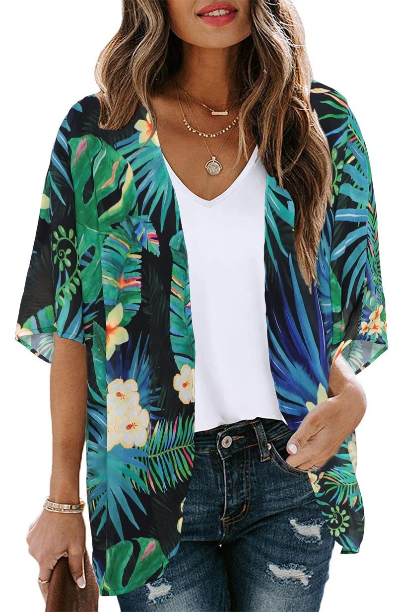 CHICGAL Womens Flowy Kimono Plam Leaf Patterns Cover ups Beachwear Summer Tops（Blackgreen,S - Image 1