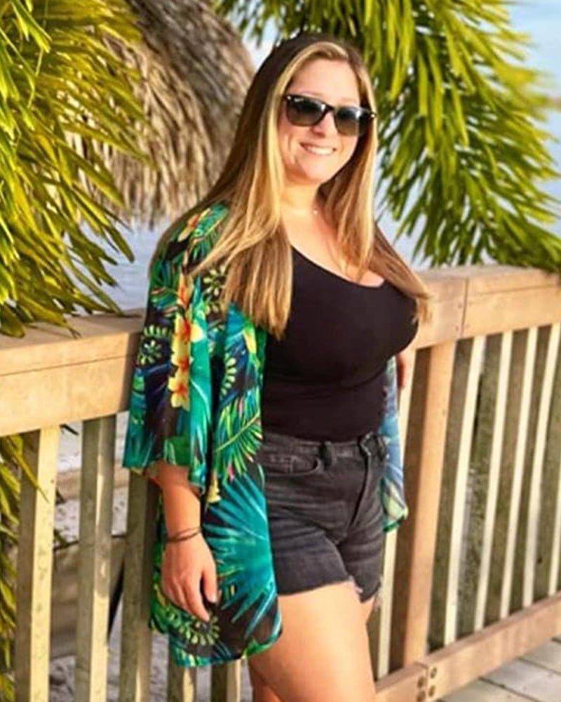 CHICGAL Womens Flowy Kimono Plam Leaf Patterns Cover ups Beachwear Summer Tops（Blackgreen,S - Image 2