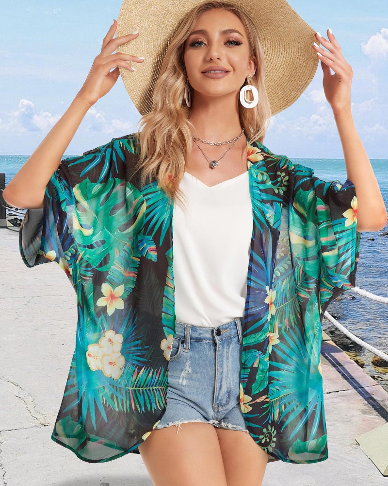CHICGAL Womens Flowy Kimono Plam Leaf Patterns Cover ups Beachwear Summer Tops（Blackgreen,S - Image 5