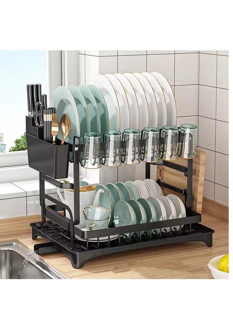 Minsal 2 Tier Dish Drying Rack with 360° Spout Drainboard, Cutlery Holder, Cutting-Board/Cup Holder and 3 Hooks for Kitchen Counter, Rust-Proof Large Dish Drainer, Black