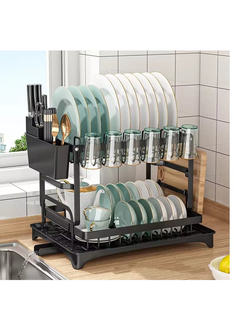 Minsal 2 Tier Dish Drying Rack with 360° Spout Drainboard, Cutlery Holder, Cutting-Board/Cup Holder and 3 Hooks for Kitchen Counter, Rust-Proof Large Dish Drainer, Black  - Image 1
