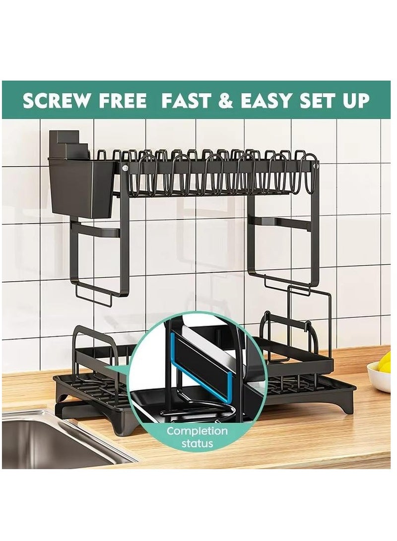 Minsal 2 Tier Dish Drying Rack with 360° Spout Drainboard, Cutlery Holder, Cutting-Board/Cup Holder and 3 Hooks for Kitchen Counter, Rust-Proof Large Dish Drainer, Black  - Image 3