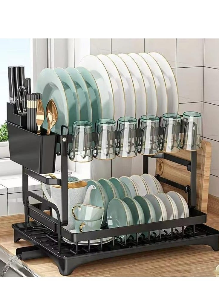 Minsal 2 Tier Dish Drying Rack with 360° Spout Drainboard, Cutlery Holder, Cutting-Board/Cup Holder and 3 Hooks for Kitchen Counter, Rust-Proof Large Dish Drainer, Black  - Image 5