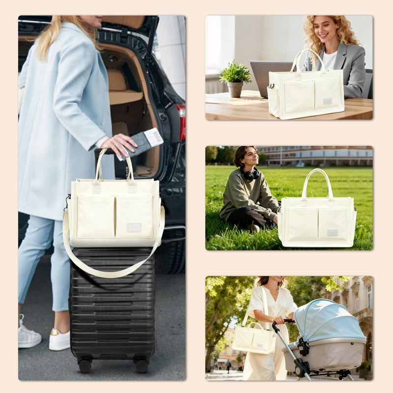 Gosect Canvas Tote Bag for Women With Pockets,X-Large Work Tote Bags Womens, Laptop Crossbody Purses Everything Everyday Bag Handbags lunch bag for Travel Work (Beige) - Image 3