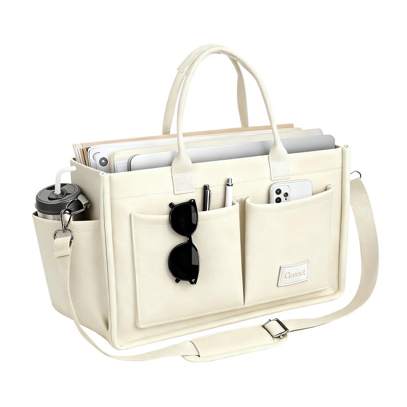 Gosect Canvas Tote Bag for Women With Pockets,X-Large Work Tote Bags Womens, Laptop Crossbody Purses Everything Everyday Bag Handbags lunch bag for Travel Work (Beige) - Image 1