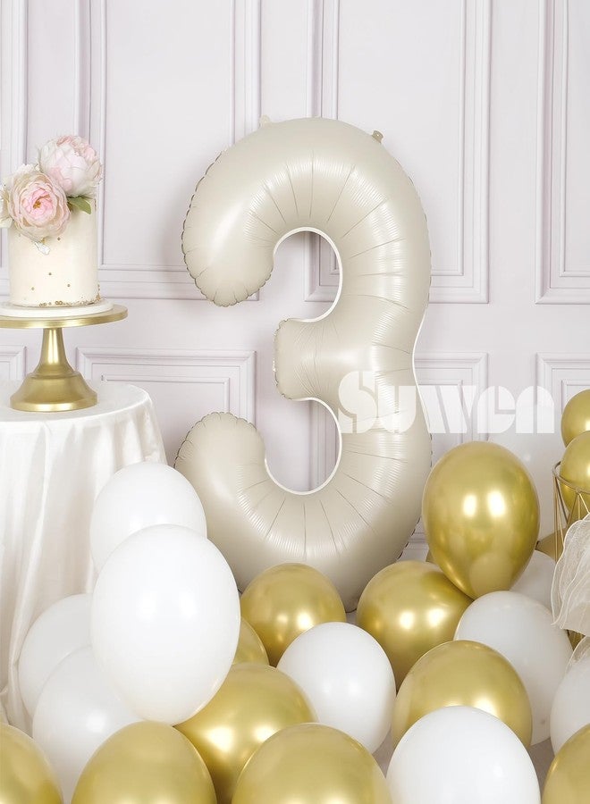 SUWEN 40 Inch Cream White Large 3 Number Balloons Big Foil Helium Number Balloons 0-9 Jumbo Happy 3rd Mylar Birthday Party Decorations for Boy or Girl Anniversary Party Supplies - Image 2