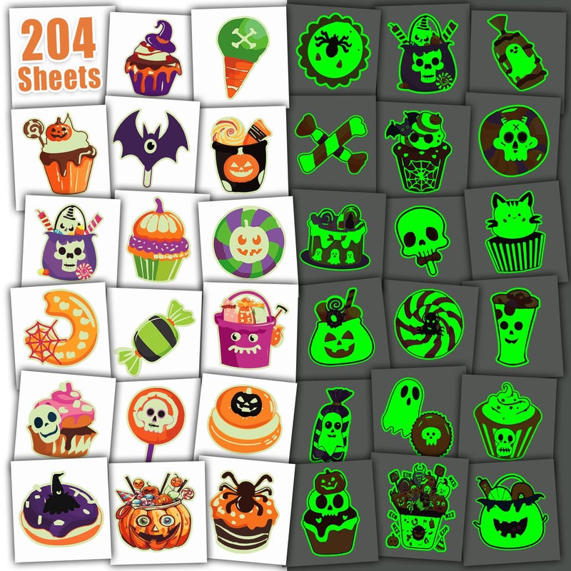 Leesgel Leesgel 204 Pieces Halloween Tattoo Set for Halloween Non-Candy Treats, Glows Temporary Tattoos Special for Halloween Party Favors, Individually Wrapped Halloween Goodie Bag Stuffers for Kids