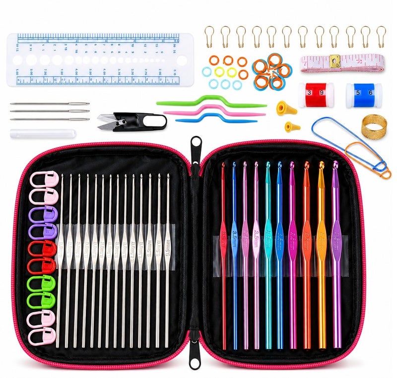 Dunekart Professional Crochet Hook Set Including Aluminum Hooks from 2mm to 6mm and Steel Hooks from 0.6mm to 1.9mm with Essential Sewing Accessories - Image 1