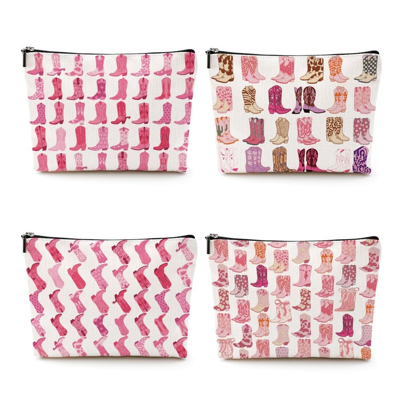 CQM 4pcs Pink Cowboy Boots Makeup Bag Hot Pink Cowgirls Cosmetic Bags Cowboy Boots for Women Makeup Bag Cowgirls Gifts for Women Friends Sisters Birthday Gift Toiletry Zipper Pouch - Image 2