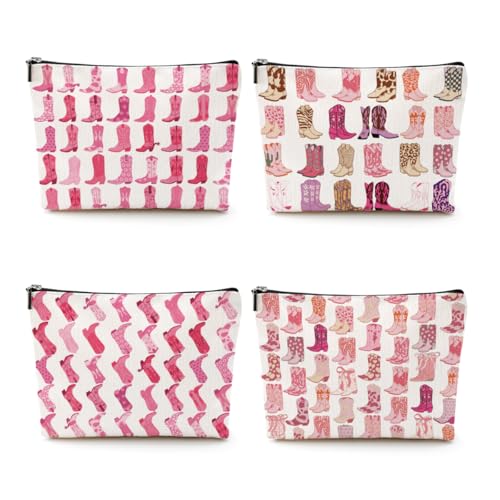 CQM 4pcs Pink Cowboy Boots Makeup Bag Hot Pink Cowgirls Cosmetic Bags Cowboy Boots for Women Makeup Bag Cowgirls Gifts for Women Friends Sisters Birthday Gift Toiletry Zipper Pouch - Image 1