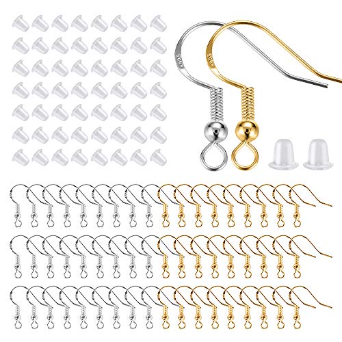 Lhedon 200 PCS100Pairs 925 Sterling Silver and Gold Earring HooksHypoallergenic Fish Earring Hooks Earwires for DIY Jewelry Making Supplies with 200 PCS Soft Silicone Earring Backs