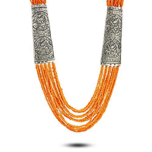YouBella Fashion Jewellery Antique German Silver Oxidised Plated Tribal Cotton Thread Jewellery Necklace Earring Set for Women & Girls.(Valentine Gift Special). (Orange) - Image 2