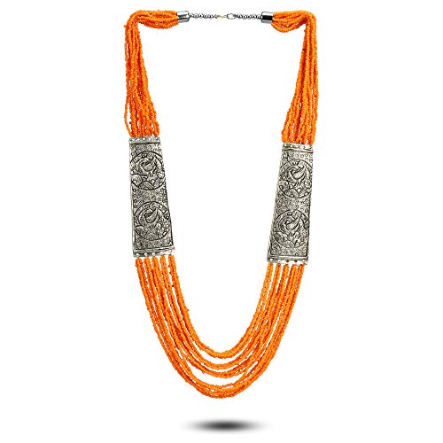 YouBella Fashion Jewellery Antique German Silver Oxidised Plated Tribal Cotton Thread Jewellery Necklace Earring Set for Women & Girls.(Valentine Gift Special). (Orange) - Image 1
