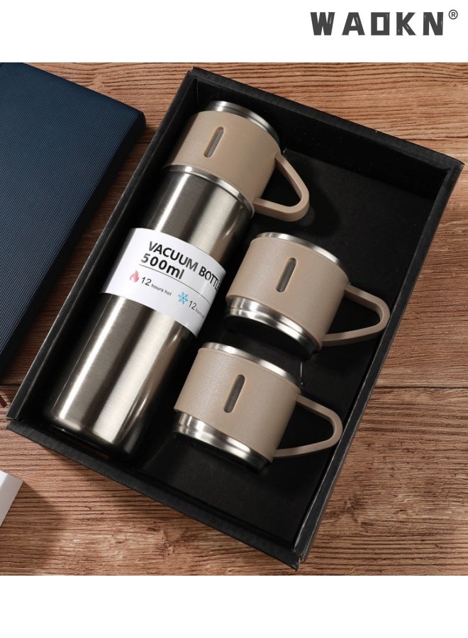 WAOKN 500ml Stainless Steel Insulated Glass Beverage Bottle With Hot Drink Mug And Cold Drinking Water Flask Set with Two Cups Hot & Cold for Cycling, Backpacking, Camping, Hiking, Office etc  - Image 1