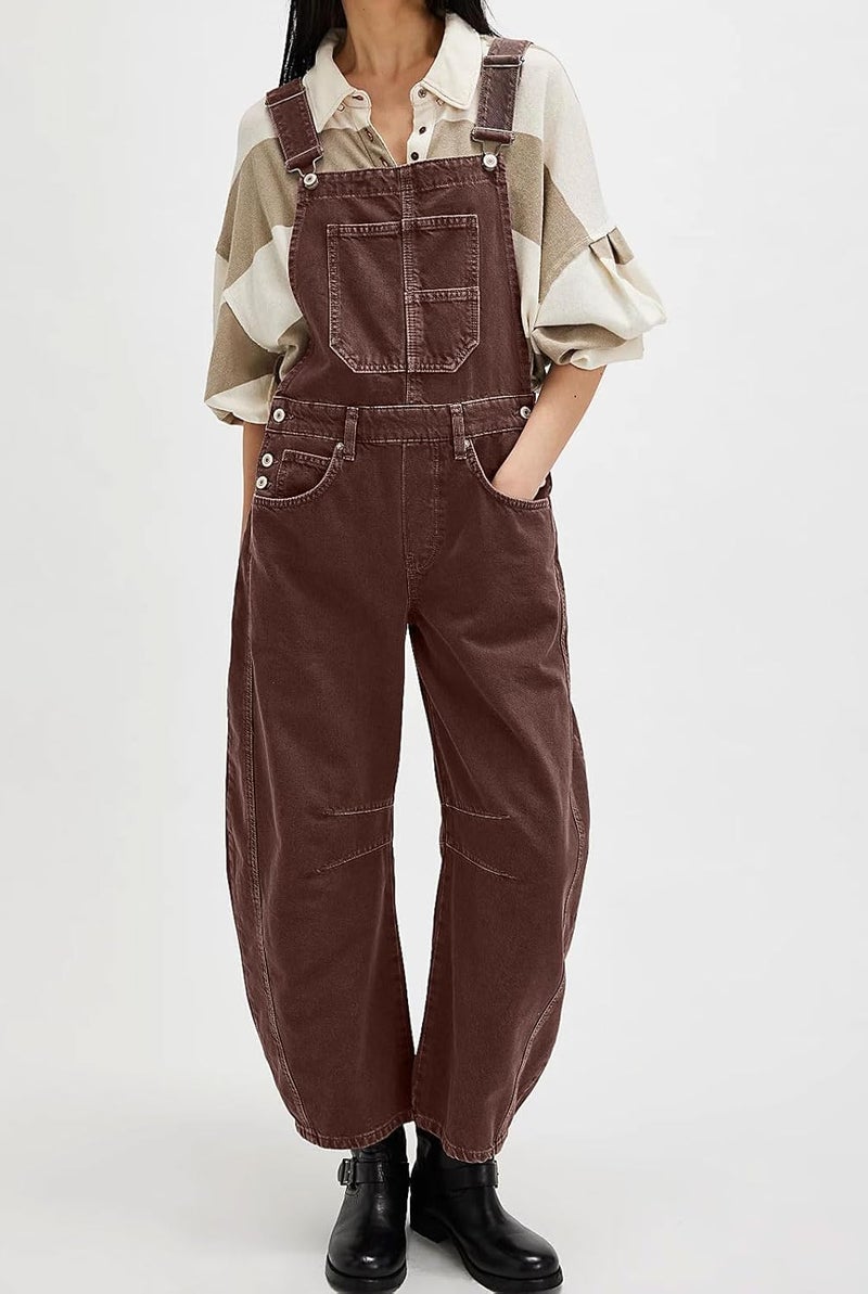 yoeasy Womens Denim Bib Overalls Barrel Wide Leg Baggy Adjustable Strap Denim Pants Jumpsuits with Pockets (X-Small, Chocolate) - Image 1