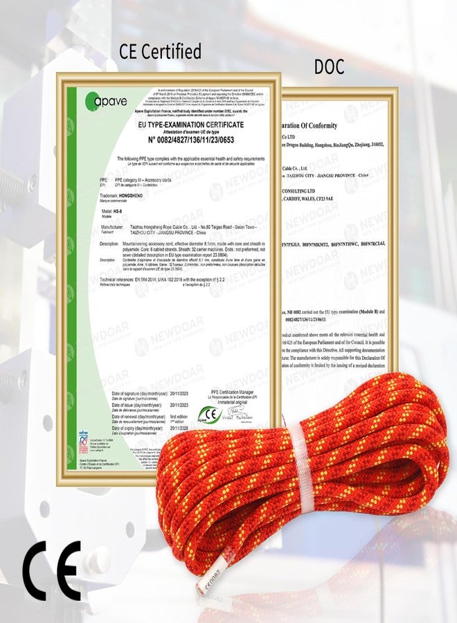 NewDoar CE & UIAA Certificated 5/16in(8mm) Static Climbing Rope 14KN High Strength Accessory Cords Safety for Rock Climbing, Outdoor Survival, Hiking, Mountaineering-Orange/33FT - Image 2