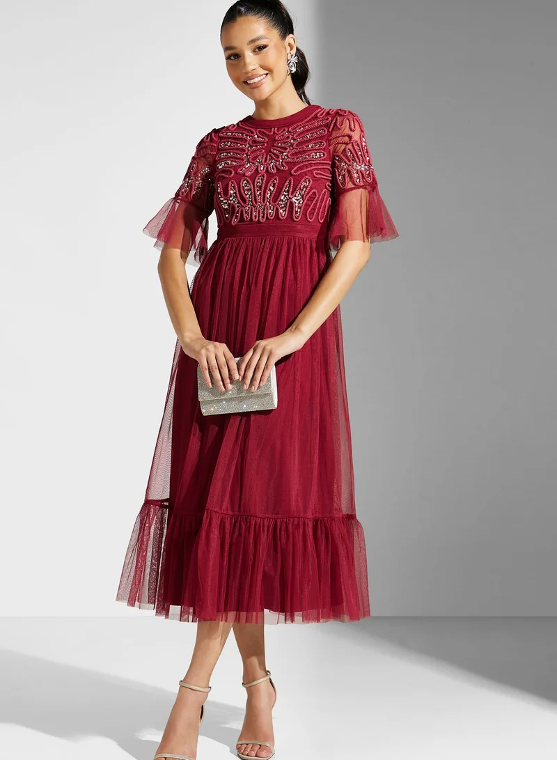 Frock and Frill Flared Sleeve Embellished Dress