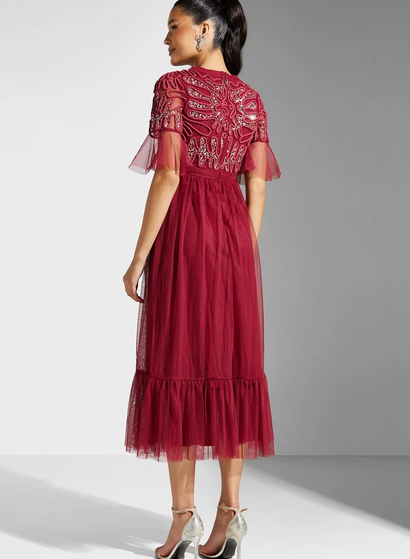 Frock and Frill Flared Sleeve Embellished Dress