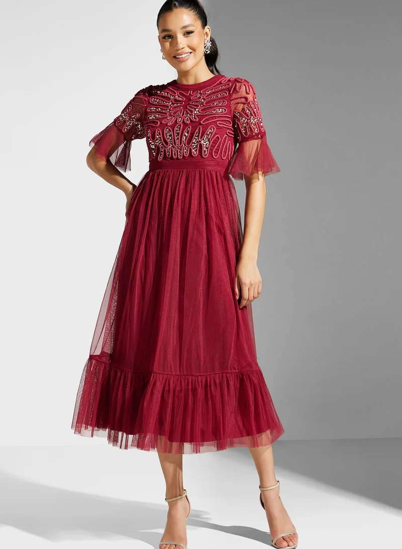 Frock and Frill Flared Sleeve Embellished Dress
