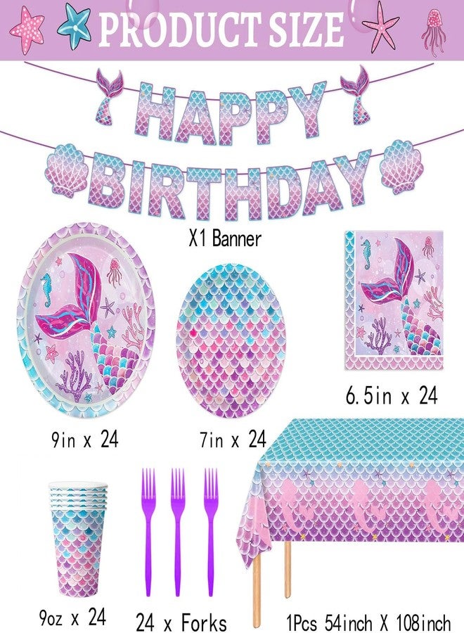 Oigco 122Pcs Mermaid Birthday Party Decorations Set Mermaid Party Supplies Includes Plates, Napkin, Fork, Cup, Tablecloth, Banner for Baby Shower Ocean Birthday Party Decorations, Serves 24 - Image 2