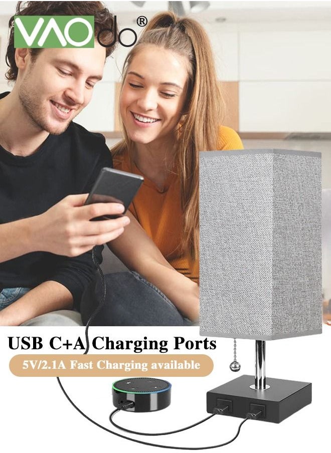 VAOdo - Bedside Table Lamp with 3 Color Temperatures 3000/4000/5000K Small Lamp with USB C+A Ports Nightstand Lamp with 3 Color Modes by Pull Chain Bedroom Lamp for Living Read Work - Image 1