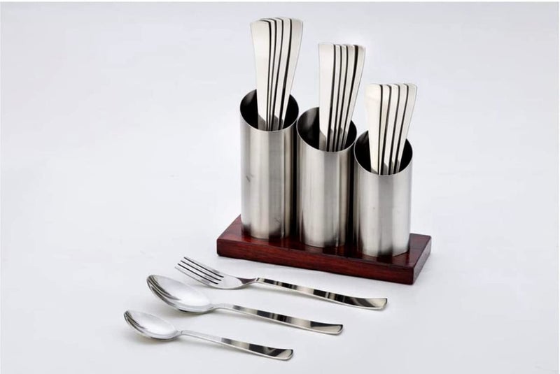 Finner Stainless Steel Wooden Base Cutlery Set of 24 Pcs for Dining Table 6 Fork Spoon 6 Tea Spoons 6 Soup Spoons 6 Dessert Spoon