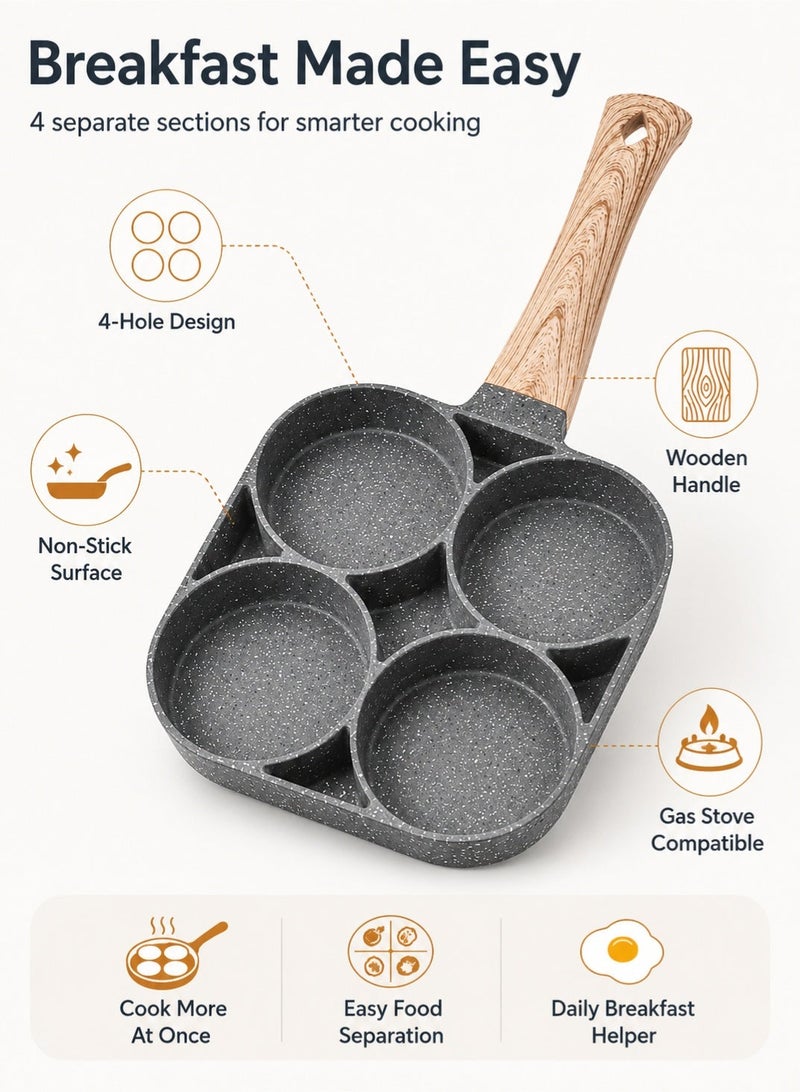 Leoxol 4 Cup Egg Frying Pan Non Stick | Aluminum Breakfast Omelette Pan | Multi Section Pancake Burger Patty Pan With Wooden Handle For Gas Stove - Image 2
