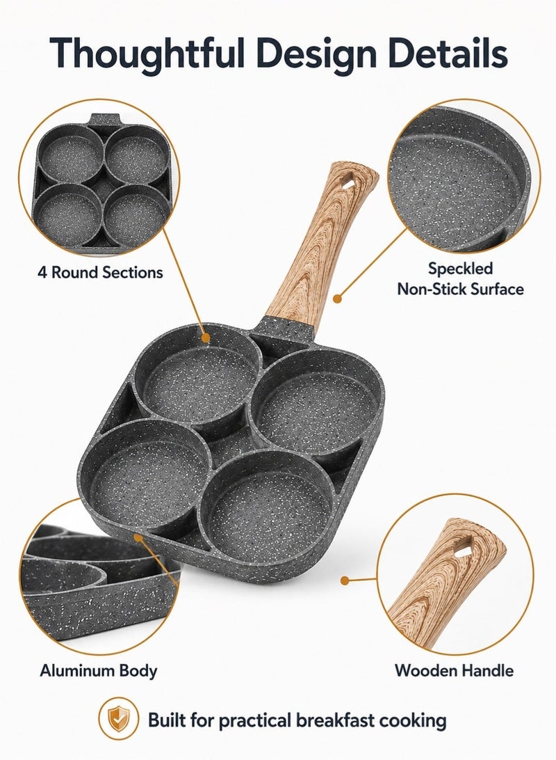 Leoxol 4 Cup Egg Frying Pan Non Stick | Aluminum Breakfast Omelette Pan | Multi Section Pancake Burger Patty Pan With Wooden Handle For Gas Stove - Image 4