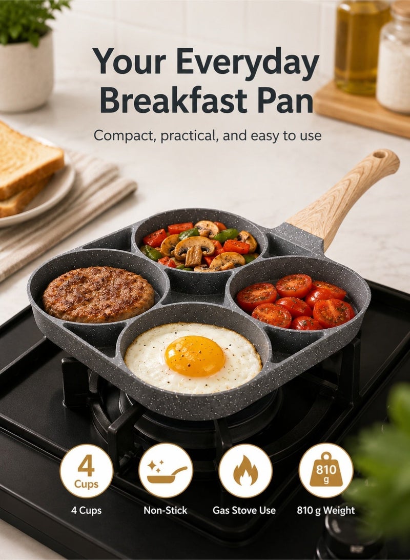 Leoxol 4 Cup Egg Frying Pan Non Stick | Aluminum Breakfast Omelette Pan | Multi Section Pancake Burger Patty Pan With Wooden Handle For Gas Stove - Image 3