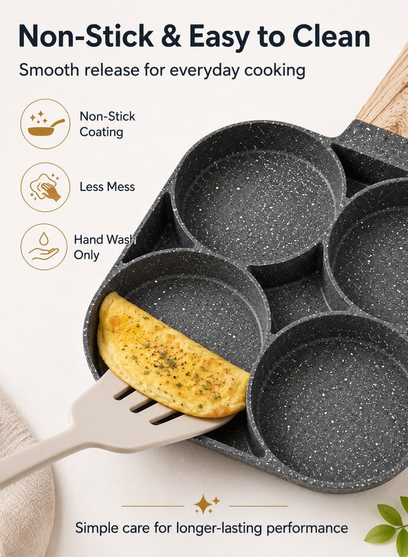 Leoxol 4 Cup Egg Frying Pan Non Stick | Aluminum Breakfast Omelette Pan | Multi Section Pancake Burger Patty Pan With Wooden Handle For Gas Stove - Image 5