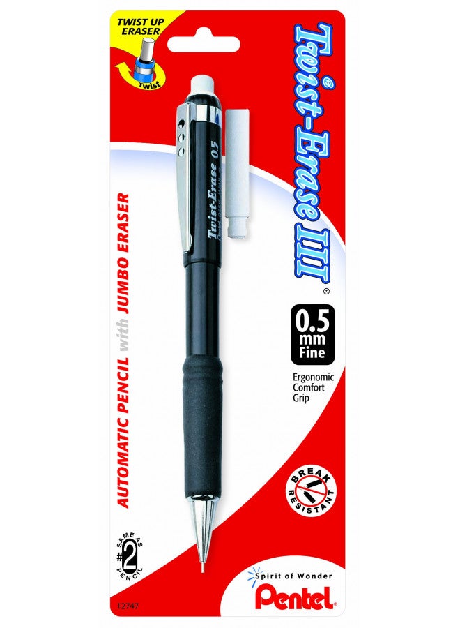 Pentel Twist-Erase III Automatic Pencil with 1 Eraser Refill, 0.5mm, Assorted Barrels, 1 Pack (QE515BP-K6) - Image 3