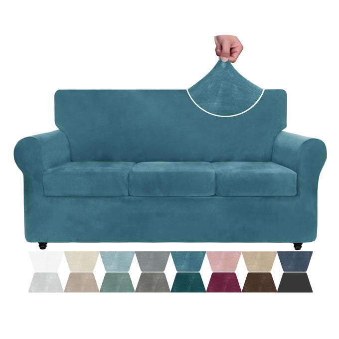 LUXURY VELVET COUCH COVER 4 PIECE 7292 STRETCH SOFA COVERS FOR 3 CUSHION COUCH THICK SOFT SOFA SLIPCOVER WITH NON SLIP STRAP DOG PET FRIENDLY NICE FURNITURE PROTECTOR PEACOCK BLUE