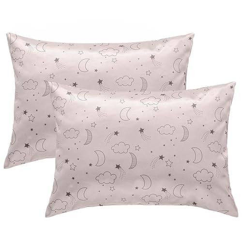 Winmany 2 Pack Toddler Pillow Cases Baby Silk Satin Pillowcases 49 x 36cm Cot Bed Envelope Pillow Cover Kids Soft Travel Pillow Pair Cases for Boys Girls Machine Washable (Beige Cloud Moon) - Image 1