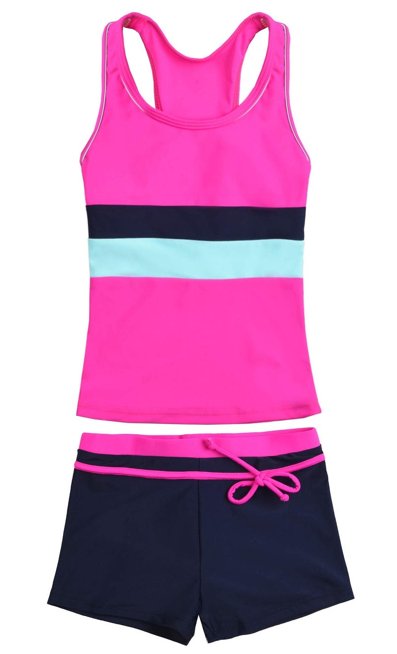Uhnice Girls Swimsuit Two Piece Tankini Swimwear with Boyshort (5-6 Years(Tag Size L), Rose) - Image 1