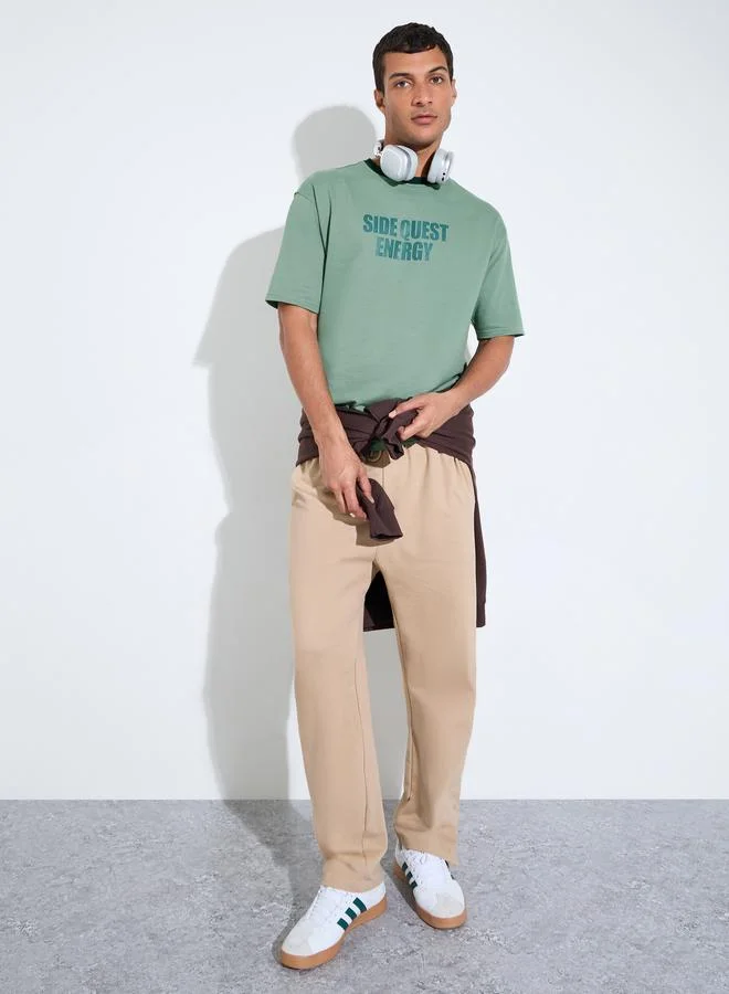 Styli Men Green Oversized Front Print Ringer Terry T-Shirt