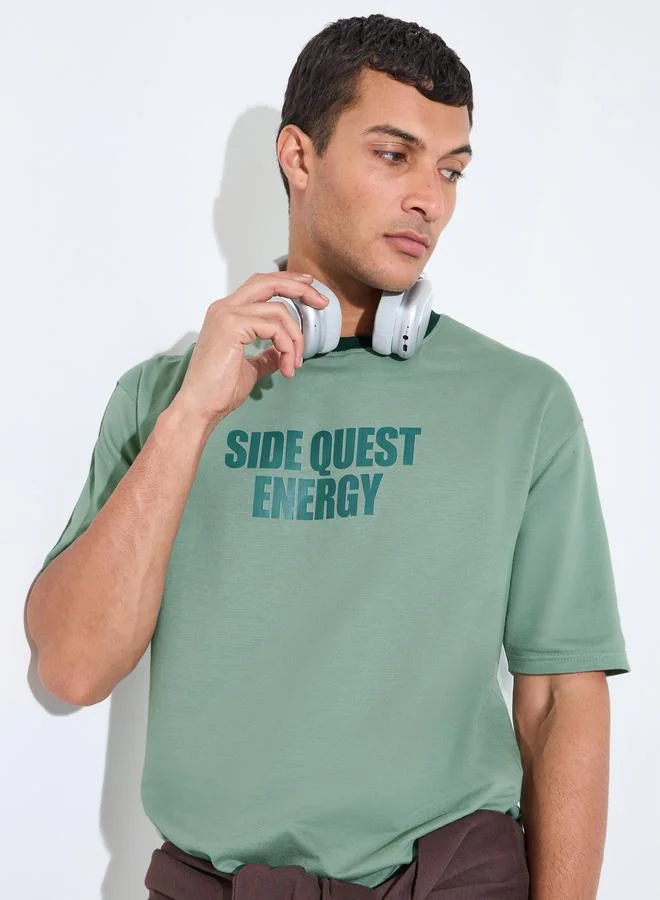Styli Men Green Oversized Front Print Ringer Terry T-Shirt