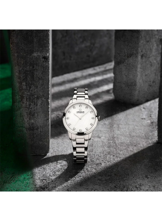 هانوا ساعة كانوفا نسائية بقرص من عرق اللؤلؤ الأبيض وسوار من الفولاذ المقاوم للصدأ الفضي، بعقارب، مقاس  مم