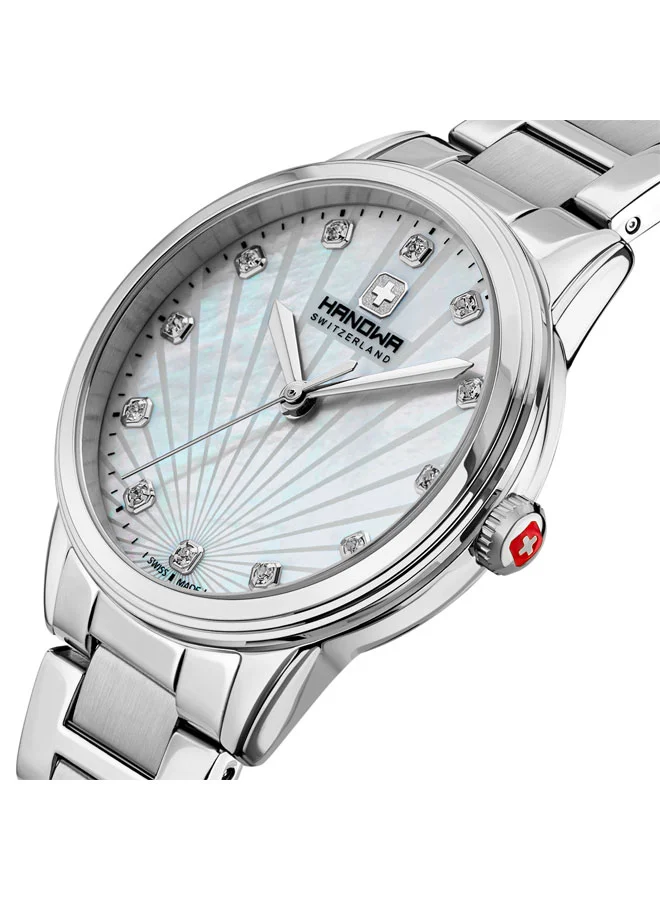 هانوا ساعة كانوفا نسائية بقرص من عرق اللؤلؤ الأبيض وسوار من الفولاذ المقاوم للصدأ الفضي، بعقارب، مقاس  مم