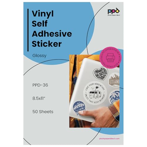 PPD Premium Printable Vinyl Sticker Paper for Inkjet Printer - 50 Sheets Glossy Sticker Paper 8.5 x 11 - Self-Adhesive, Waterproof, Tear Resistant, Instant Dry - PPD-36-50 - Image 1